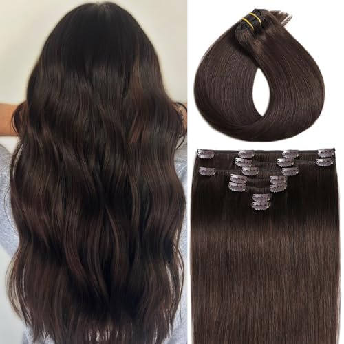 Clip in Hair Extensions Real Human Hair Medium Brown 16 Inch - #4 Variation