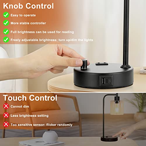 Industrial Bedside Lamps Set of 2 - Amber Glass Shade, Fully Dimmable with USB C & A Ports, Black Table Lamps for Bedroom & Living Room - Variation: Amber