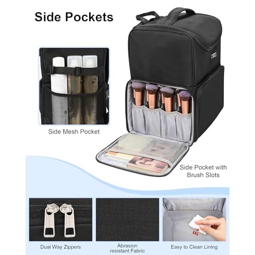Relavel Makeup Backpack Large Makeup Bag with 3 Clear Set Bags, Dual Layer Professional Cosmetic Organizer Travel Train Case Makeup Artist Kit with Adjustable Dividers & Easy to Clean Lining, Black