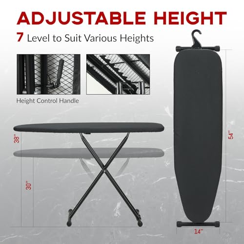 Full Size Ironing Board 54x14 Inches with Adjustable Height Black - Rainhol