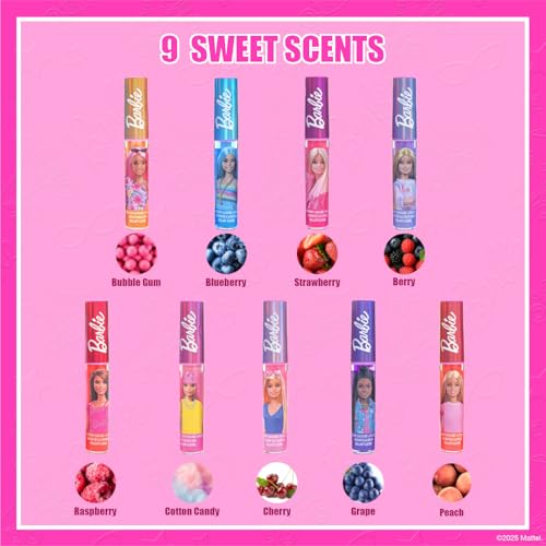 Townley Girl Barbie Lip Gloss with Acrylic Stand for Storage and Display, Plant Based Lip Gloss, Perfect for Parties, Sleepovers, Makeovers, Birthday Gift for Girls, Age 3