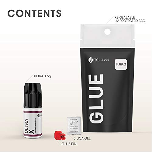 BL Lashes Ultra X | Lash Glue for Lash Extensions, Quick Drying Within 2-3 Sec, Up to 7 Weeks Long-Lasting Lash Retention, Low Viscosity, Black Adhesive for Professional Supplies (0.17fl.oz/5ml)