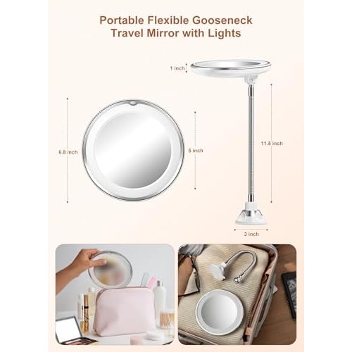 Brightown 10x Magnifying Mirror with Light, Flexible Gooseneck Make up Mirror with Lights and Magnification, Battery Operated Cordless with Suction Cups for Wall Bathroom Silver 1 Lighting