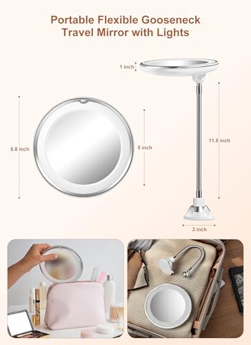Brightown 10x Magnifying Mirror with Light, 7.5 x 7.4 Inch Silver Travel Makeup Mirror with Gooseneck & Suction Cup