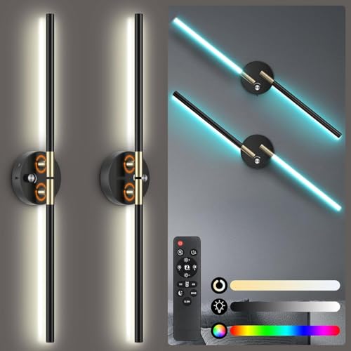 RGB Wall Sconce Set 28.5 Inch Black Wireless Dimmable 360° Rotatable LED Lights with Remote & Timer - Bedroom Living Room Decor