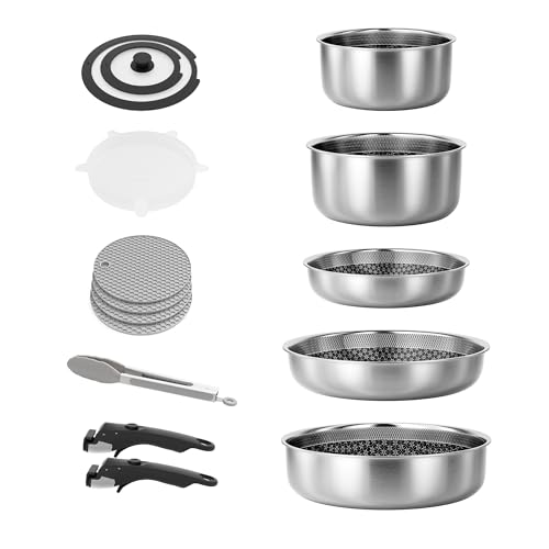 Stainless Steel Detachable Nonstick Cookware Set - Stackable Pots & Pans for RV Camping, Oven & Induction, 5 Pieces