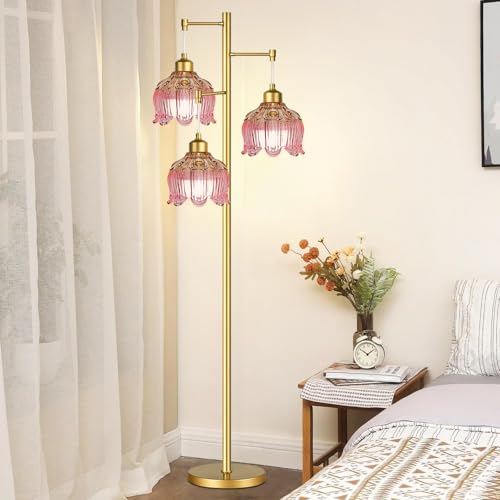 QIYIZM 14- Floor Lamp Pink Mid Century Modern 3-Head Brass Tree Floor Lamp