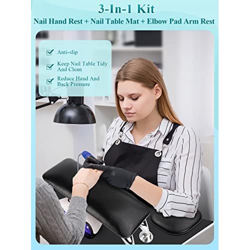 Nail Arm Rest for Acrylic Nails with Table Mat Elbow Pad, Microfiber Leather Nail Hand Elbow Rest Stand for Nails, Soft Hand Pillow Cushion Set, Sponge Nail Pillow for Salon Nail Art Tech Use (Black)