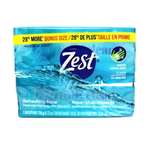 Zest Refreshing Aqua Deodorant Bar Soap with Vitamin E, Rinses Germs Away, 2 ct, 4.12 oz Each (Pack of 3)