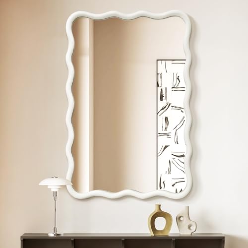 White Wavy Mirror for Wall - 20x30 inch Solid Wood Frame Modern Decor