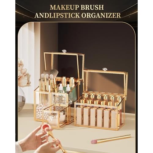 Makeup Brush Organizer ? Vanity Organizer with 18-Slot Lipstick Organizer & Makeup Brush Holder with Lid ? Skincare, Perfume & Cosmetic Storage for Bathroom or Dresser