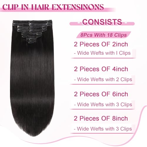 Clip in Hair Extensions 18 Inch Real Human Hair - Natural Black #1B, 100g