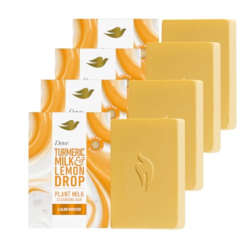 Dove Plant Milk Cleansing Bar Soap Variety Pack with Turmeric Milk & Lemon Drop Glow Booster 4 Count 5 oz Bars for Moisturized Skin