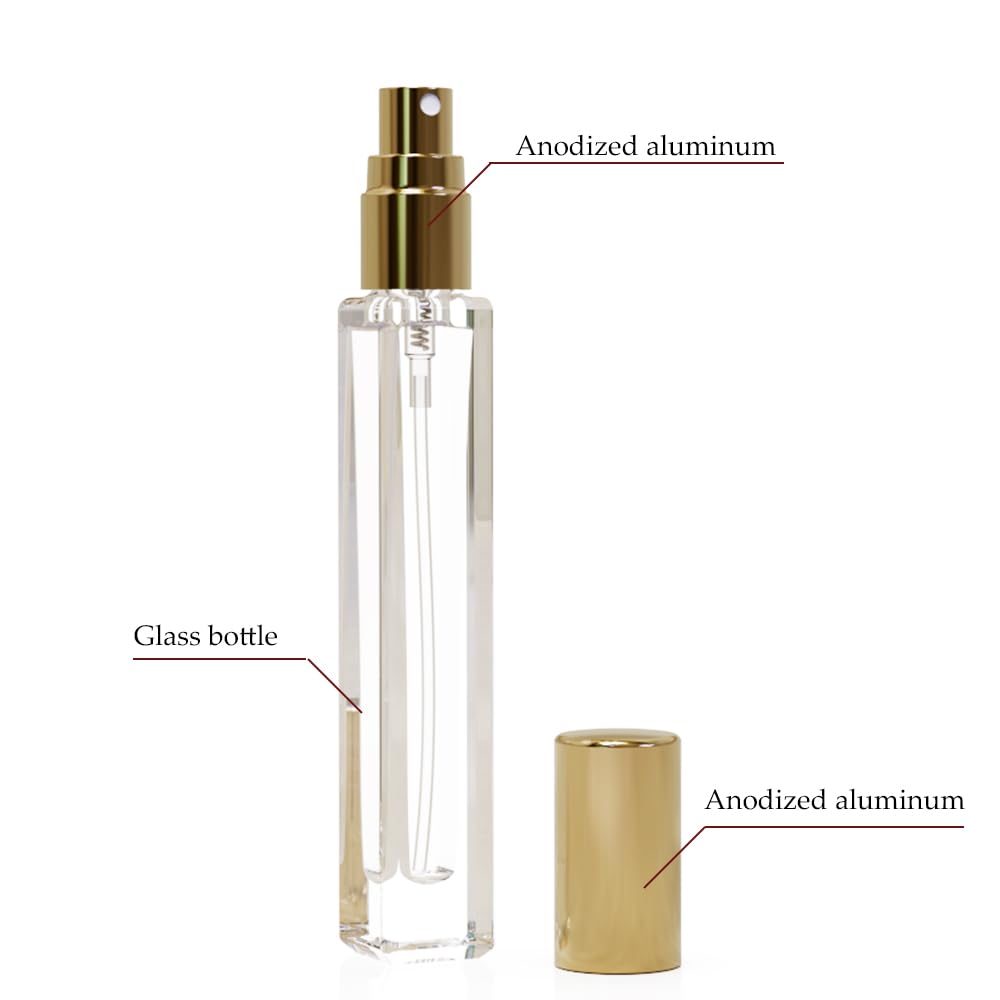 Seafulee 5PCS Cologne Atomizer Empty, 10ML Mini Perfume Bottles Refillable With Dispenser Tools, Pocket Spray Bottle for Travel and Sample Container (Transparent+Golden Cap)