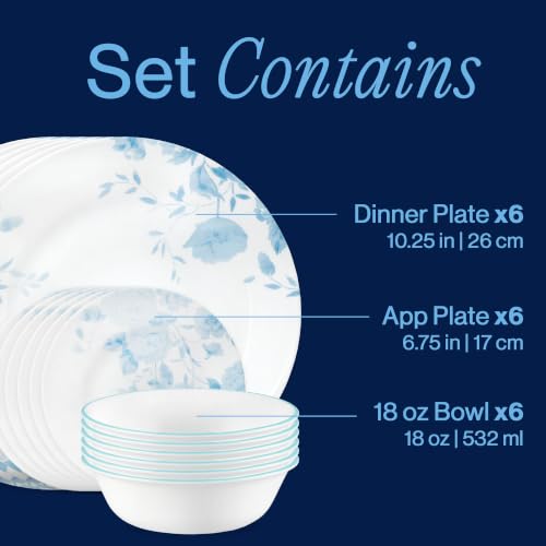 Corelle Blue Bouquet 18-Piece Dinnerware Set Service for 6 - Durable, Lightweight, Microwave & Dishwasher Safe