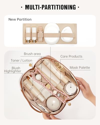 Travel Makeup Bag for Women Large - PU Leather Cosmetic Organizer, Brown, Open-Flat Design