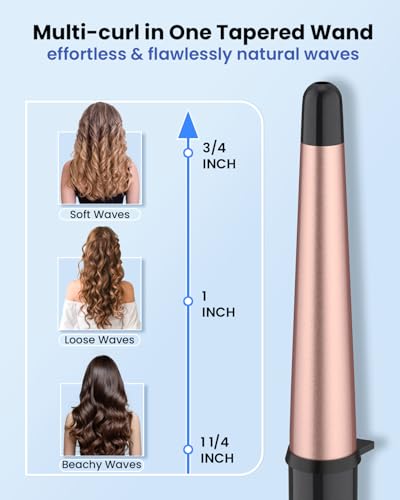 Dual Voltage Tapered Curling Wand 0.75-1.25 Inch for Travel, Ceramic Hair Iron with Glove