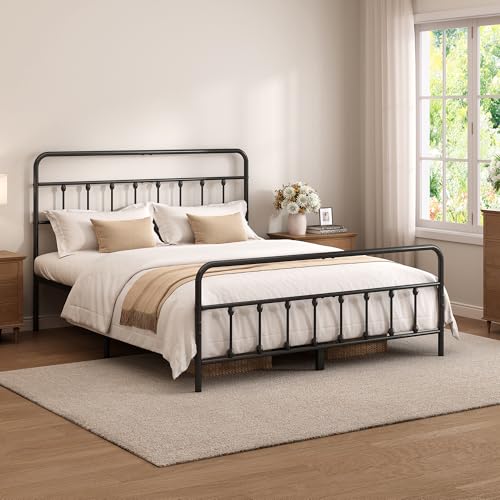 King Size Metal Bed Frame with Headboard and Footboard - Black - Heavy Duty Steel