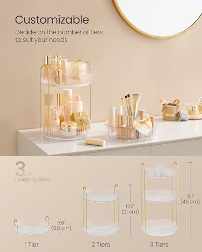 Round Rotating 3-Tier Makeup Organizer - Transparent, Customizable Vanity Storage