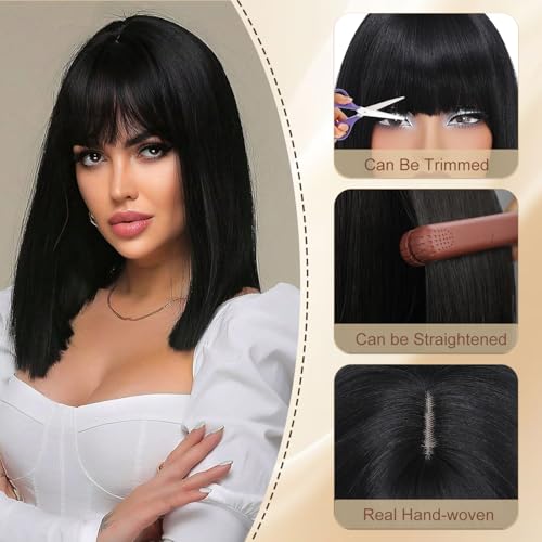 Black Short Straight Bob Wig with Bangs - 16 Inch Synthetic Hair for Women - Variation: Black