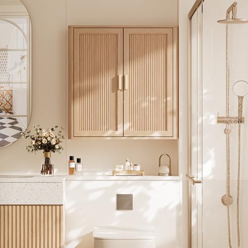 INNOD Wood Wall-Mounted Bathroom Cabinet Over Toilet Storage with Adjustable Shelf (Natural Oak) - Included Doors