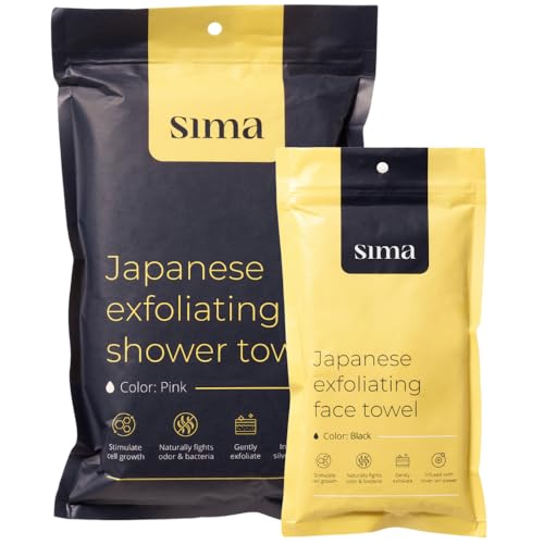 Sima - Bundle - Exfoliating Body Towel Pink + Japanese Exfoliating Face Towel with Hexagon Fibers, Body Scrubber with 2 Sides for Scrubbing & Washing