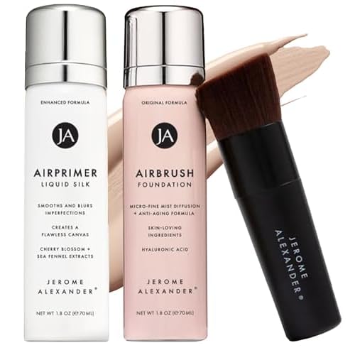 MagicMinerals AirBrush Foundation Set by Jerome Alexander ? 3pc Set Includes Primer, Foundation and Kabuki Brush - Spray Makeup with Anti-aging Ingredients for Smooth Radiant Skin (Light)