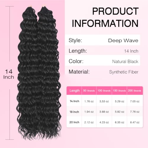 Flvaco Deep Wave Crochet Hair 14 Inch 100 Strands 1B - Feather Light, Natural Look