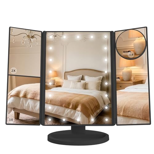 Black Lighted Makeup Mirror with Magnification Tri-Fold LED Vanity Mirror