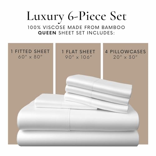Queen Size Bamboo Viscose Bedding Sheet Set - White, 6 Pieces, Deep Pockets, Cool & Soft