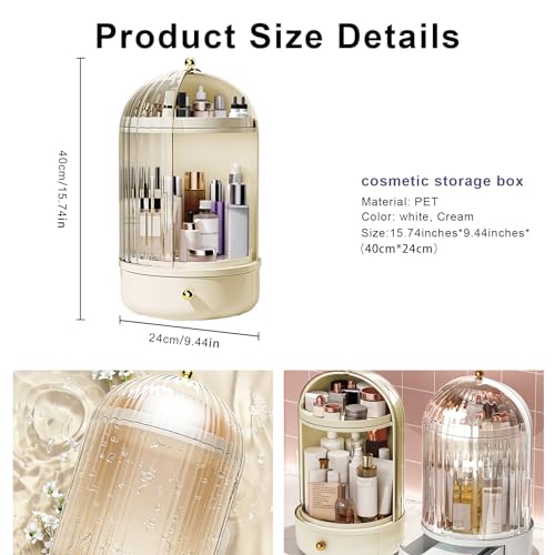 DASITON Makeup Organizer Countertop,360¡Æ Rotating Makeup Storage Organizer with Cover and Drawer,Waterproof Cosmetics Display Case,Large Capacity Skincare Organizers for Vanity,Desktop,Bathroom(Cream)