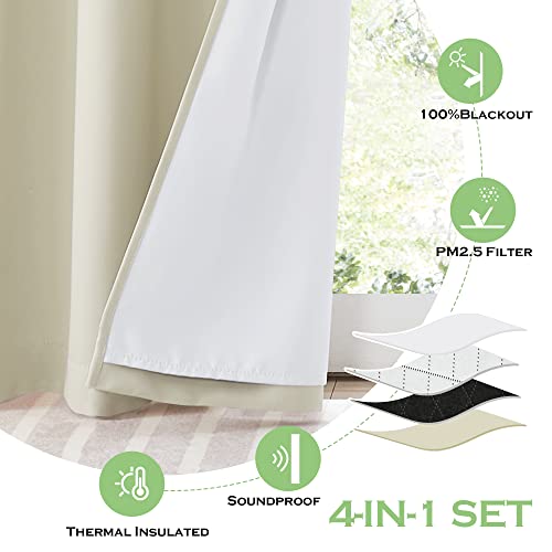 KGORGE 52W x 84L 4-Layer Soundproof & Dust Curtain, Blackout + Detachable Felt Liner (Pack of 2, Cream Beige)
