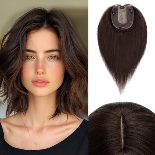 No Bang-#2 Dark Brown 8 Inch Remy Human Hair Topper with Lace Base & Clips