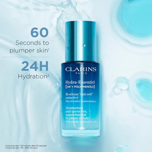 Clarins Hydra-Essentiel Bi-Phase Face Serum | Intense Hydrating Serum| 60 Seconds to Plumper Skin* | 24H Hydration* | Double Dose Of Hyaluronic Acid | Lightweight | All Skin Types | 1 Fl Ounce