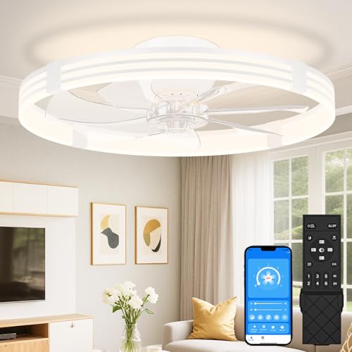 White 24 Inch Low Profile Ceiling Fan with Lights and Remote - Dimmable LED Flush Mount Fan for Bedroom