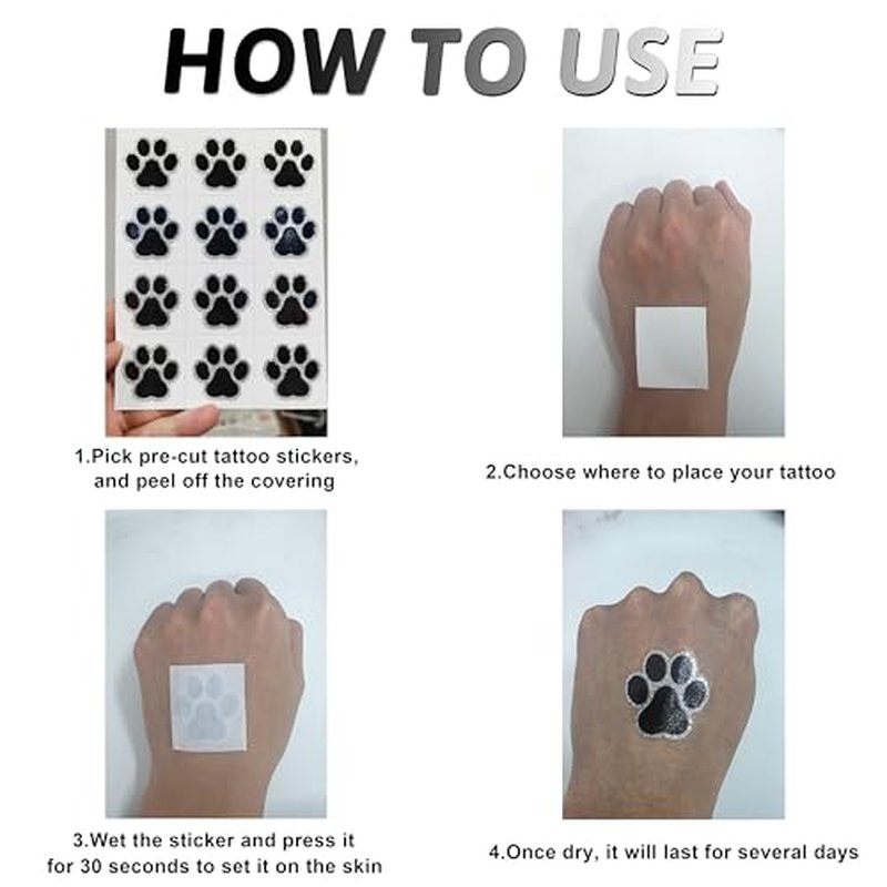 Glitter Paw Temporary Tattoos ? 360 Pre?Cut Paw Prints (30 Sheets), 6 Colors w/Silver Outline ? Party & Event Favors, Cheer & Pet Activities