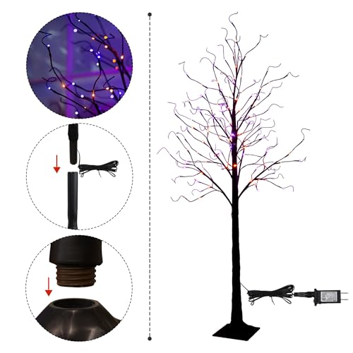 2 Pack 6FT Black Birch Halloween Tree with Purple & Orange LED Lights, Timer & Waterproof