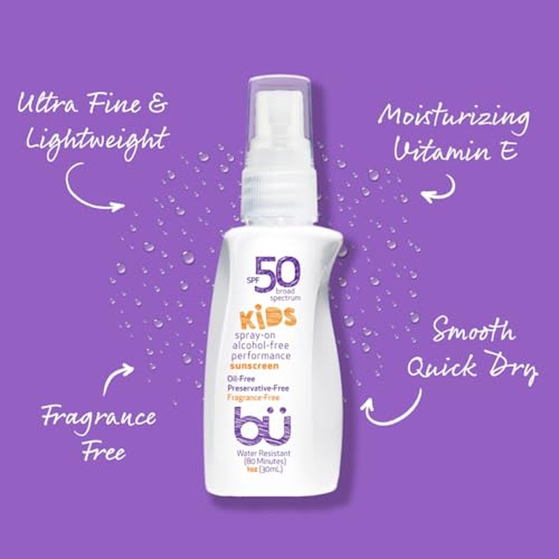 BU SPF 50 Fragrance Free Kids Sunscreen Spray for Face and Body, TSA Travel Size Sunscreen, Clear Non Aeorsol Spray, Non Greasy, Water Resistant and Oil Free, 1 oz (4-pack)