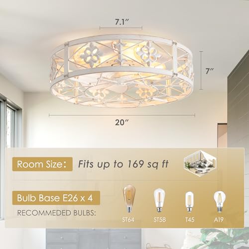 Farmhouse Caged Ceiling Fan with Light - 20 Inch Distressed White with Remote