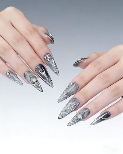 Luxury Handmade Press On Nails Gray Silver Gradient Long Stiletto with 3D Design - Reusable Gothic Fake Nails (Variation B07 / M)