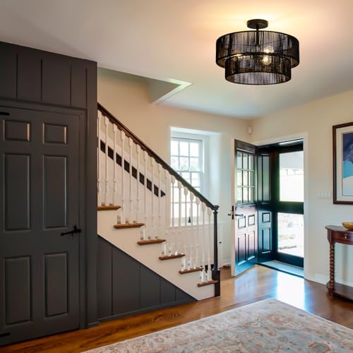Black Hemp Rope Semi Flush Mount Ceiling Light Fixture 18-Inch Boho Rattan Lamp