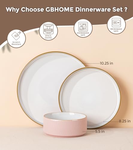 GBHOME Stoneware Dinnerware Set for 4 - 12 Pieces Pink Ribbed Plates & Bowls