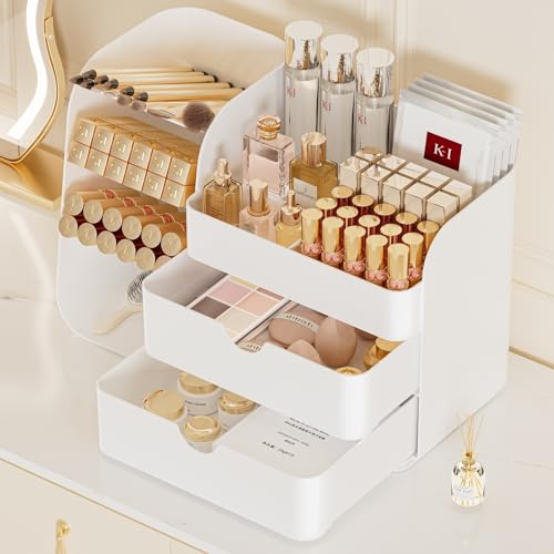 Makeup Organizer with Drawers,Large Capacity Countertop Organizer for Vanity,Bathroom and Bedroom Desk Cosmetics Organizer,Easy To Storage Skincare,Brushes, Eyeshadow,Lipstick (White, Large)