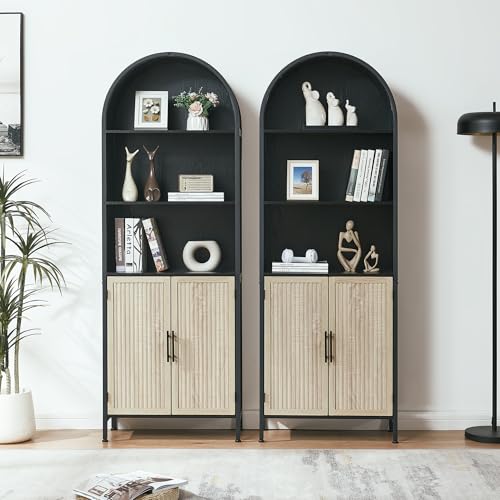 VIPLUMI Arched Bookcase with Doors, 5-Tier Tall Oak & Black, Without Glass Door