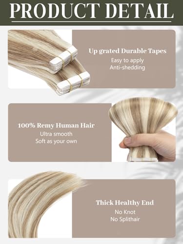 Tape-in Hair Extensions Real Human Hair Blonde Highlights #6 Medium Brown + #60A Platinum Blonde 18 Inch 50g 20pcs