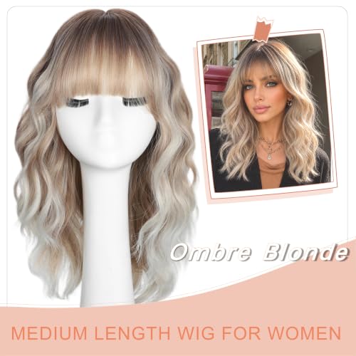 iAelev 16 Inch Ombre Blonde R60 Wavy Synthetic Wig with Bangs for Women