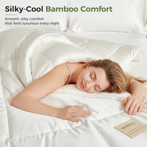 Queen Size Cooling Bamboo Comforter - Hypoallergenic All-Season Duvet Insert - White 88x88 Variation