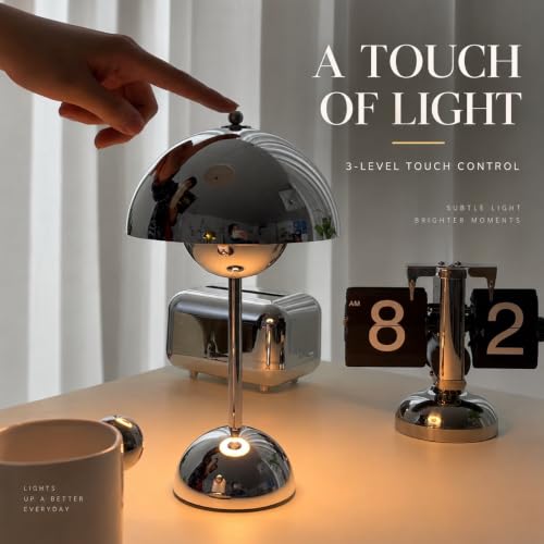Cordless Rechargeable Flower Bud Mushroom Table Lamp - Brown Red, 12 Inch