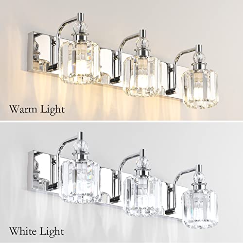 Chrome 24 Inch Crystal Vanity Light Fixture - Modern 3-Light Bathroom Wall Lamp
