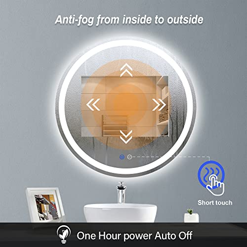FITLAND 24-Inch Round LED Bathroom Mirror with Anti-Fog Dimmable & 3 Color Temp